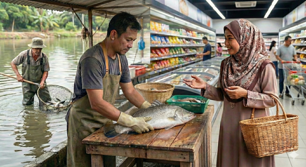 Two smallholder farmers wading through a pond, actively managing the struggles of aquaculture in Malaysia.